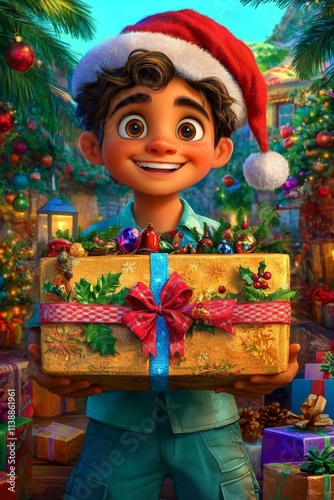 Joy young man in a red festive hat with huge package in hands. Cheerful yule cgi art. Gift box ribbon. Merry santa illustration. Christmas adult party. Adult christmas gift. Young santa outf.