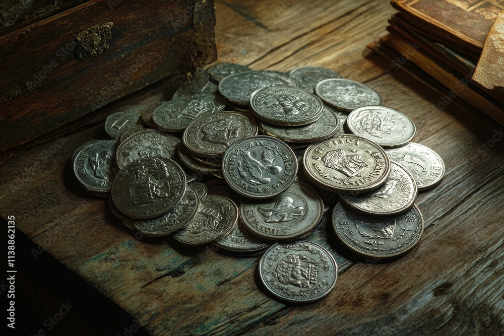 Pile of old coins, wooden surface, antique box, books. Pile of old coins, wooden surface, antique box, books.