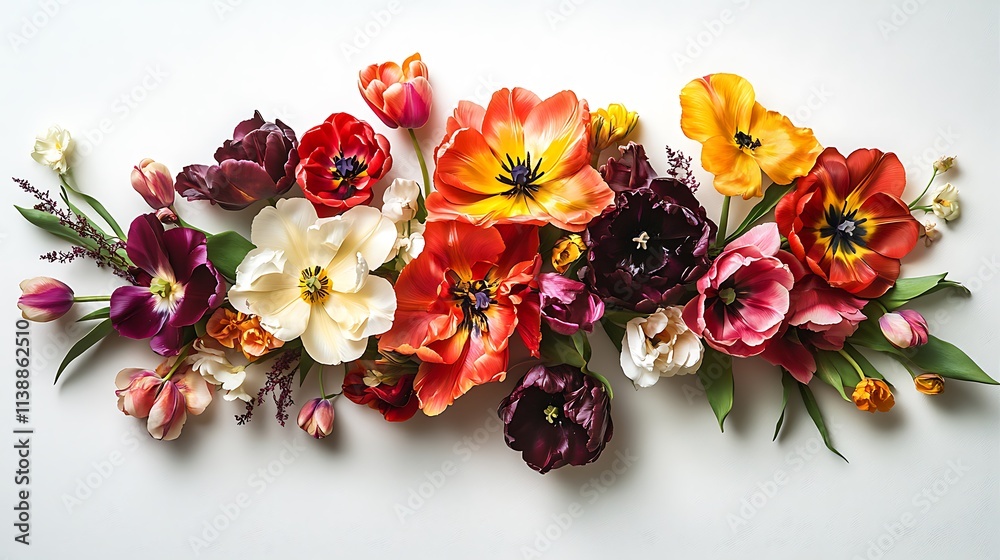 Colorful spring tulips and flowers arrangement on white background.