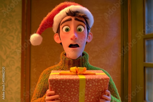 Happy xmas digital sculpture. Joy grown-up man in a red red hat with huge getaway box in hands. Young santa claus. Gift box night. Adult holiday party. 3d christmas magic. 3d santa decor.