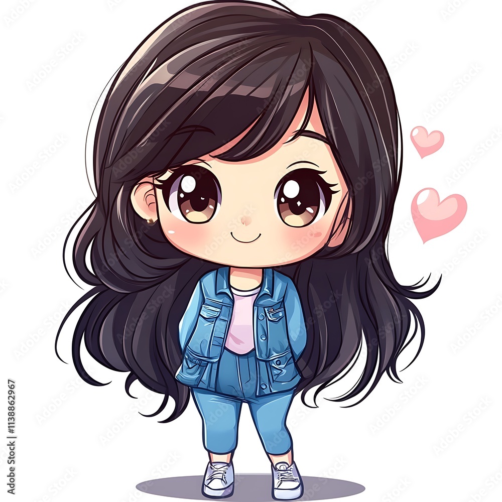 Cute anime girl in denim outfit. Kawaii character design. Cute anime girl in denim outfit. Kawaii character design.