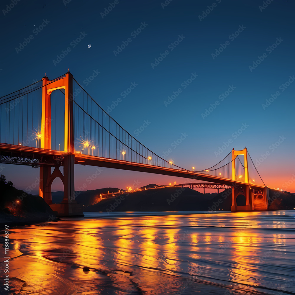 Fototapeta premium Illuminated Bridge Reflecting in Calm River at Dusk