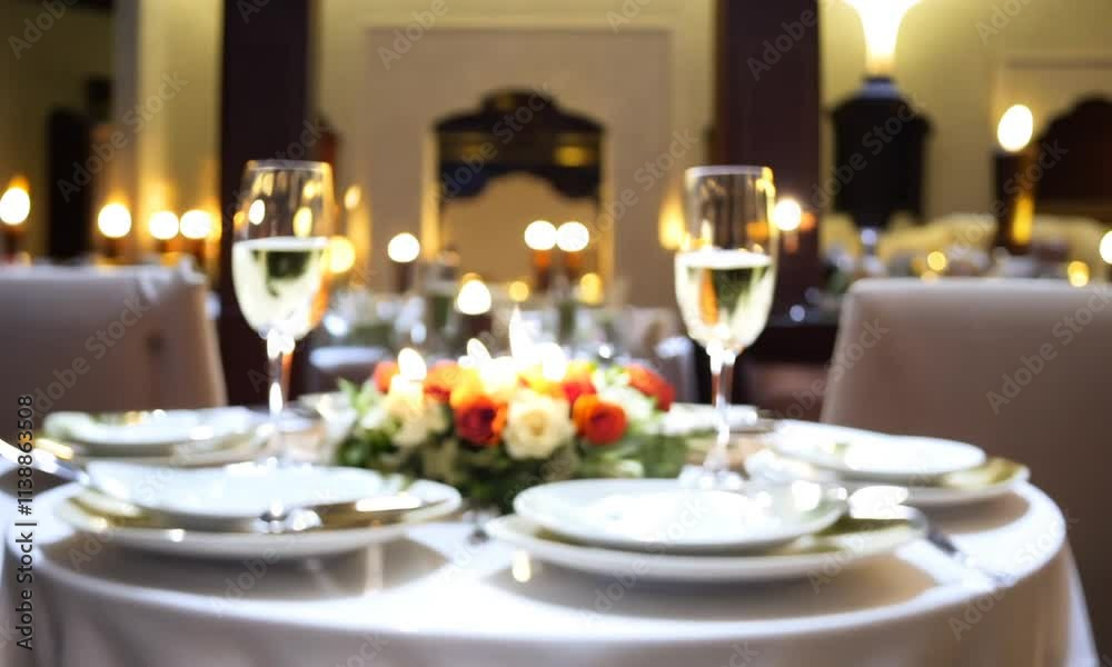 Elegant dining setup with floral centerpiece in a luxurious setting. Elegant dining setup with floral centerpiece in a luxurious setting.