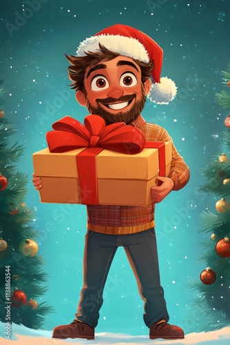 Cheerfulness young man in a red xmas hat with huge present box in hands. Happy yuletide 3d model. 3d gift box. 3d holiday scene. Young santa illustration. 3d santa magic. Merry christmas si.