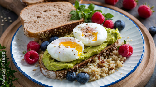 Avocado Toast with Poached Eggs, Quinoa, and Berries