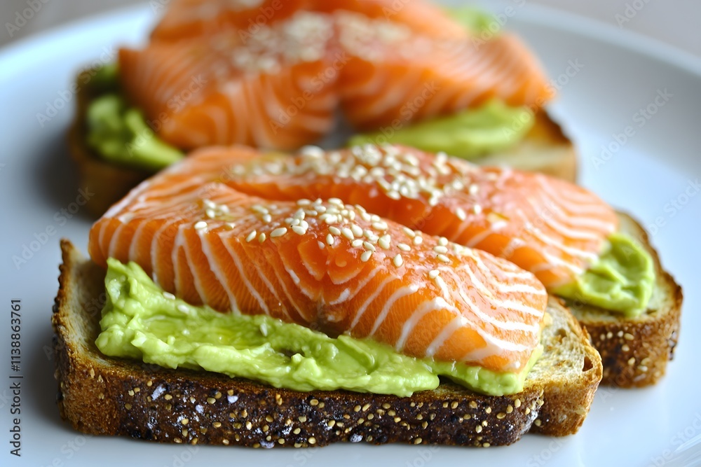 Slices of toasted bread topped with avocado and salmon, garnished with sesame seeds. Slices of toasted bread topped with avocado and salmon, garnished with sesame seeds.
