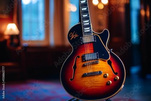 Sunburst electric guitar, elegant, room setting.