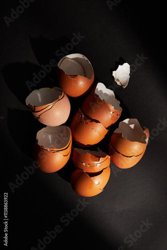 Cracked egg, eggshells isolated on black background