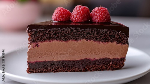 Delicious chocolate cake topped with raspberries on a plate