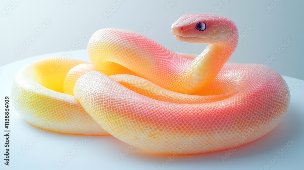 Fototapeta premium Yellow and white albino snake curled up on a white background
