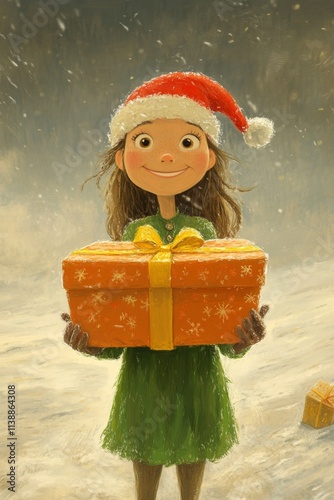 Happy yule 3d art. Delight young woman in a red christmas cap with huge present box in hands. Santa hat adult. Santa claus card. Young santa 3d. Christmas 3d model. Adult holiday joy.