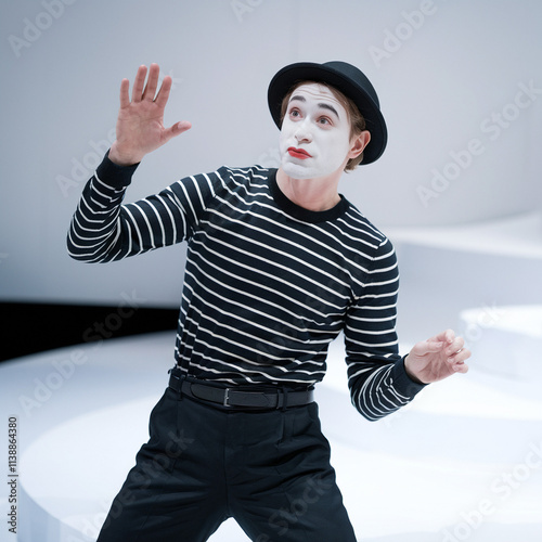 Mime Artist in Striped Shirt and Hat photo