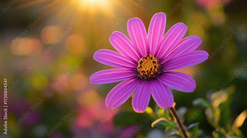 Single vibrant pink daisy blooming against blurred green background Single vibrant pink daisy blooming against blurred green background