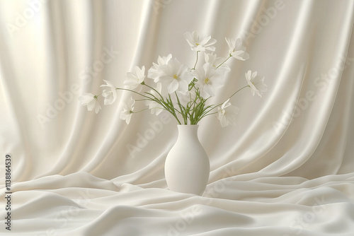 Minimalist white flower arrangement in a modern ceramic vase with soft natural light, creating a serene and elegant interior decor setting, ideal for spring home styling and tranquil living spaces