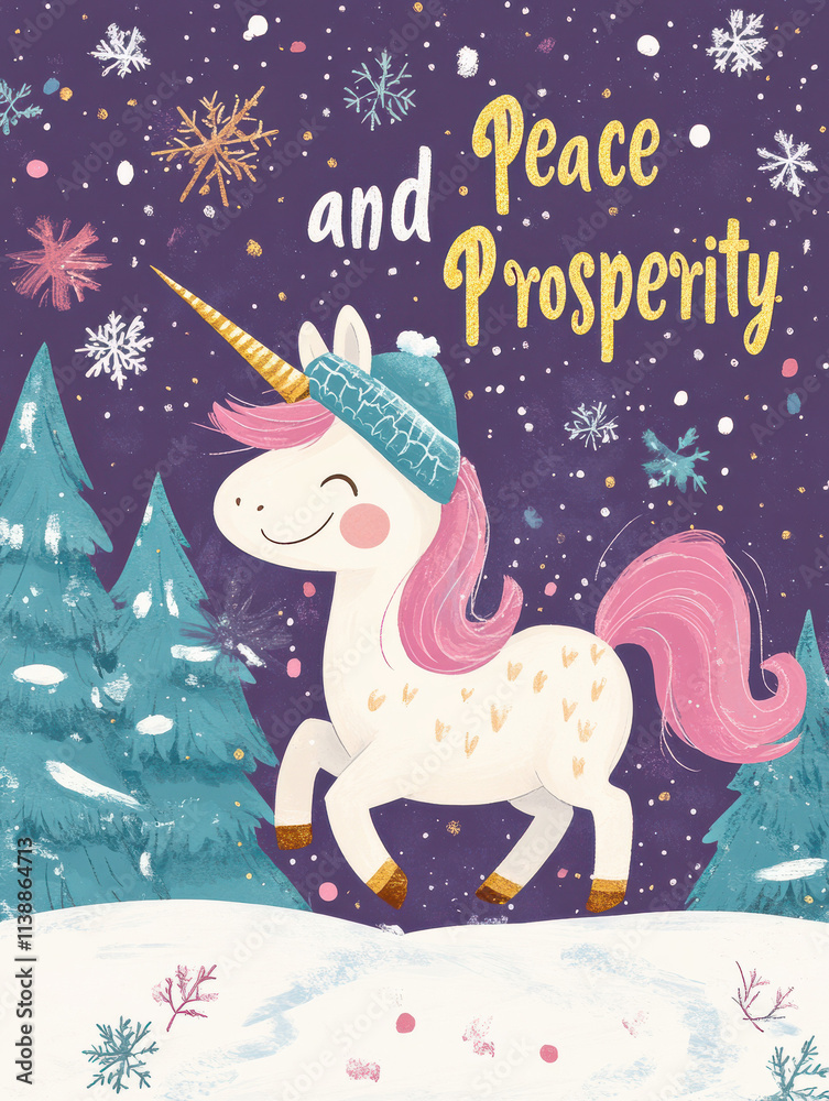 Charming New Year Illustrations with unicorn wearing a winter scarf, prancing through the snow: Cute Holiday Designs for Cards, Wallpapers, T-Shirts, Posters & Decor Charming New Year Illustrations with unicorn wearing a winter scarf, prancing through the snow: Cute Holiday Designs for Cards, Wallpapers, T-Shirts, Posters & Decor