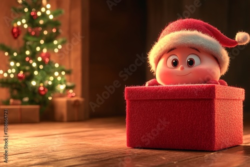 Joyful young man in a red holiday hat with huge surprise box in hands. Lively yule cgi art. Santa claus design. Young santa fun. 3d christmas icons. Santa claus joy. Adult holiday spirit.