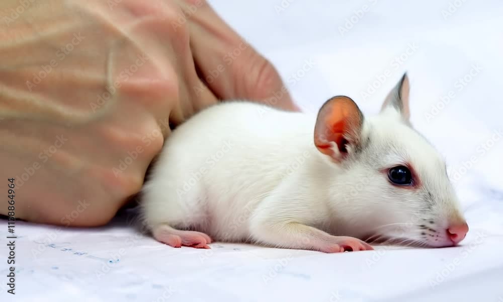 A close-up of a white rat being gently handled. A close-up of a white rat being gently handled.