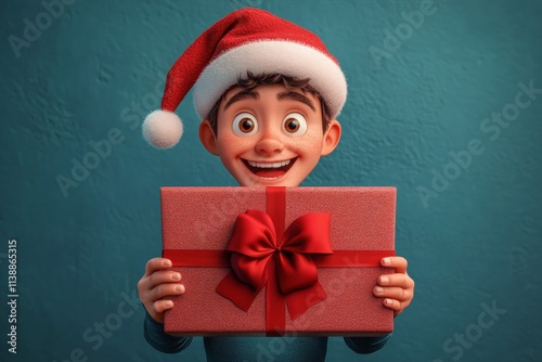 Jolly yuletide cgi art. Joyful young man in a red xmas hat with huge package in hands. Young holiday spirit. Adult holiday spirit. Santa claus smile. 3d santa gift. Merry christmas lights.