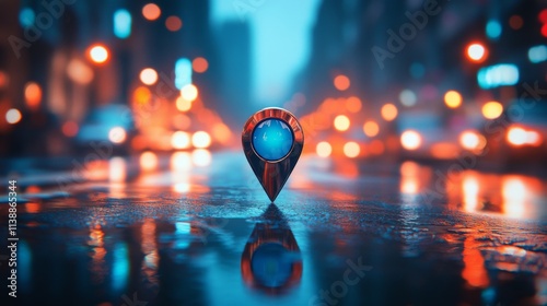 Glowing neon location pin on a wet urban street at night