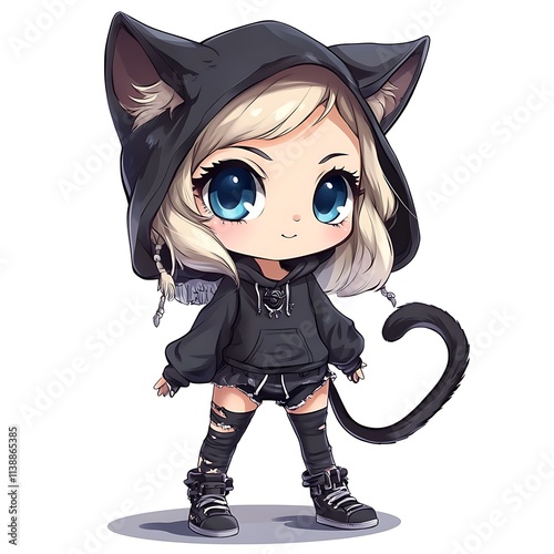 Cute chibi girl with cat ears and hoodie. Kawaii fashion illustration. photo