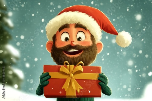 Joyful grown-up man in a red holiday hat with huge wrapped box in hands. Gleeful xmas virtual picture. Merry christmas banner. Christmas box design. Santa claus party. Young santa gift.