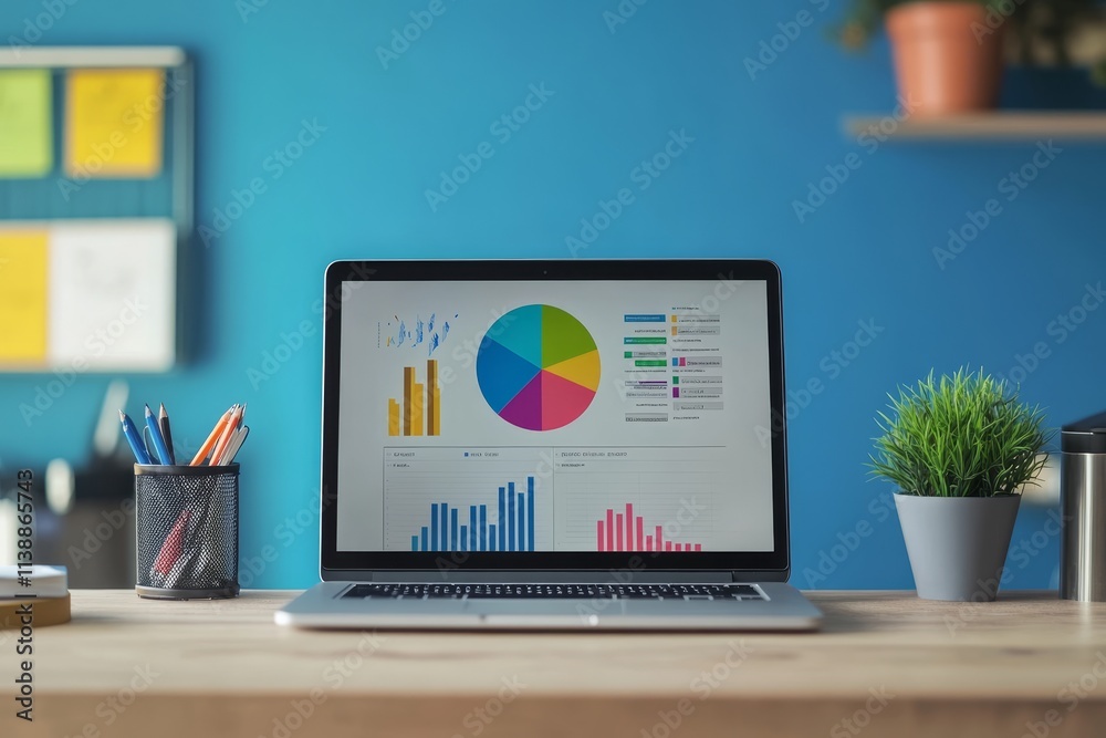 Fototapeta premium Vibrant minimalist data visualization on laptop amidst trendy office decor and blue background