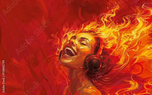 Dynamic banner featuring a young female DJ or singer in headphones, surrounded by fiery energy. Ideal for music album covers or social media design screensavers.