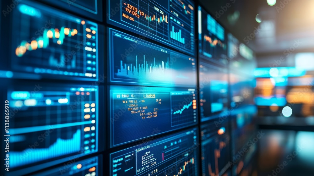 Close up of digital screens showcasing financial data and graphs in a dimly lit office environment Close up of digital screens showcasing financial data and graphs in a dimly lit office environment