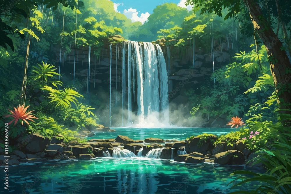 Cascading waterfall in green jungle, sunlight rays, mist, rocky pool below, and tropical blooms, in anime style Cascading waterfall in green jungle, sunlight rays, mist, rocky pool below, and tropical blooms, in anime style
