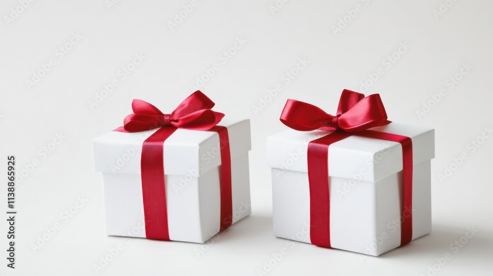 Two Elegant White Gift Boxes with Crimson Ribbons: A Festive Present Two Elegant White Gift Boxes with Crimson Ribbons: A Festive Present