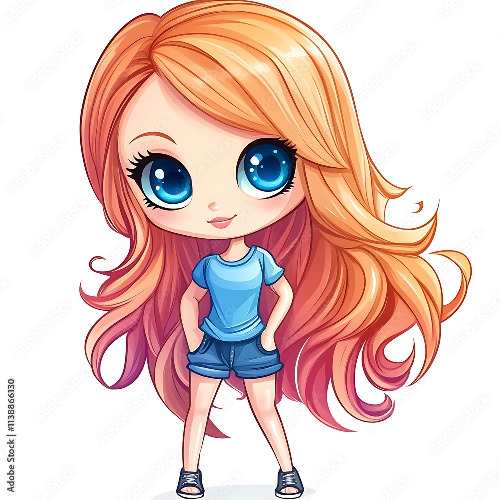 Cute chibi girl with long orange hair. Kawaii character design. Cute chibi girl with long orange hair. Kawaii character design.