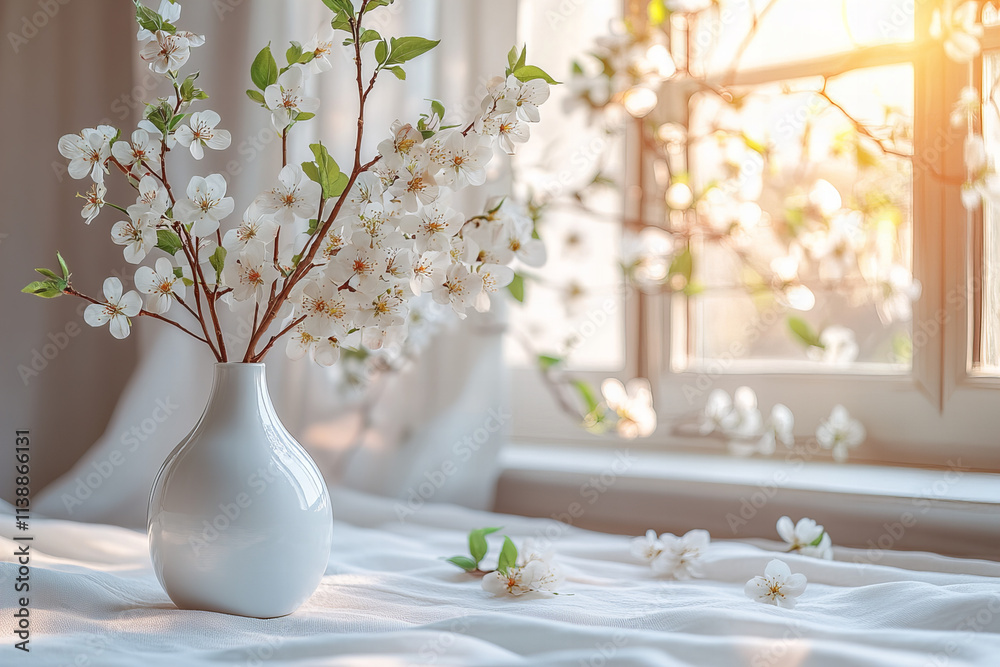 Elegant white flower arrangement in ceramic vase with natural light, minimalist home decor, modern floral design for interior styling, peaceful atmosphere, and springtime aesthetic photography Elegant white flower arrangement in ceramic vase with natural light, minimalist home decor, modern floral design for interior styling, peaceful atmosphere, and springtime aesthetic photography