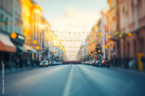 A vibrant street is alive with celebrations as colorful flags wave in the gentle evening breeze