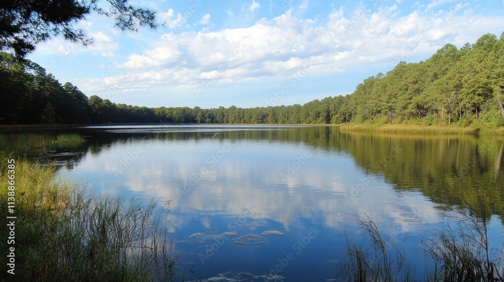 Fototapeta premium Serene Lake Reflection in a Pine Forest