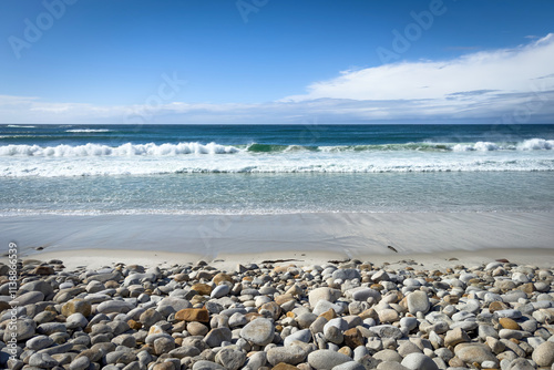 Obraz na płótnie Scenic view of Moss Beach with big round stones along 17-Mile-Drive, Del Monte Forest, California, USA against blue sky with clouds w salonie