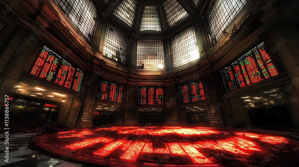 Obraz premium Glowing red warning signals illuminate floor of dark, expansive hall, creating dramatic atmosphere. intricate architecture enhances scene