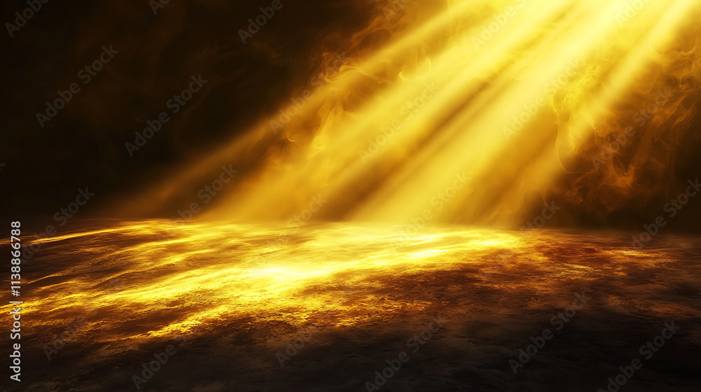 Obraz premium Golden beams of light illuminate dark stage, creating dramatic atmosphere. soft glow enhances mysterious ambiance of scene