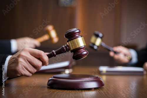 Close-up of a judge’s gavel on a wooden desk in a courtroom, symbolizing law, justice, and legal authority.