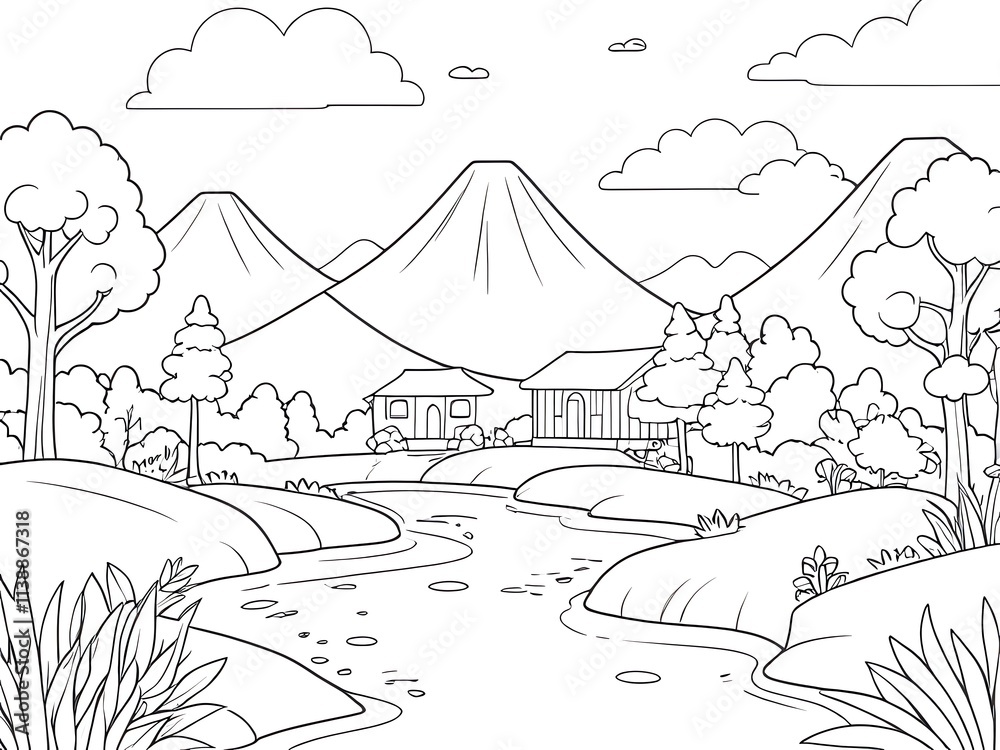 Serene Mountain River Village Coloring Page: A picturesque illustration of a tranquil village nestled beside a gently flowing river Serene Mountain River Village Coloring Page: A picturesque illustration of a tranquil village nestled beside a gently flowing river