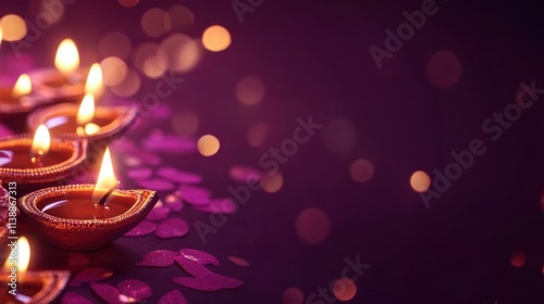 A sparkling Diwali festival scene with glowing diyas and vibrant rangoli against a deep purple background, macro shot, Minimalist style photo