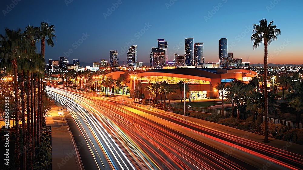 Fototapeta premium City skyline at dusk, freeway traffic light trails.