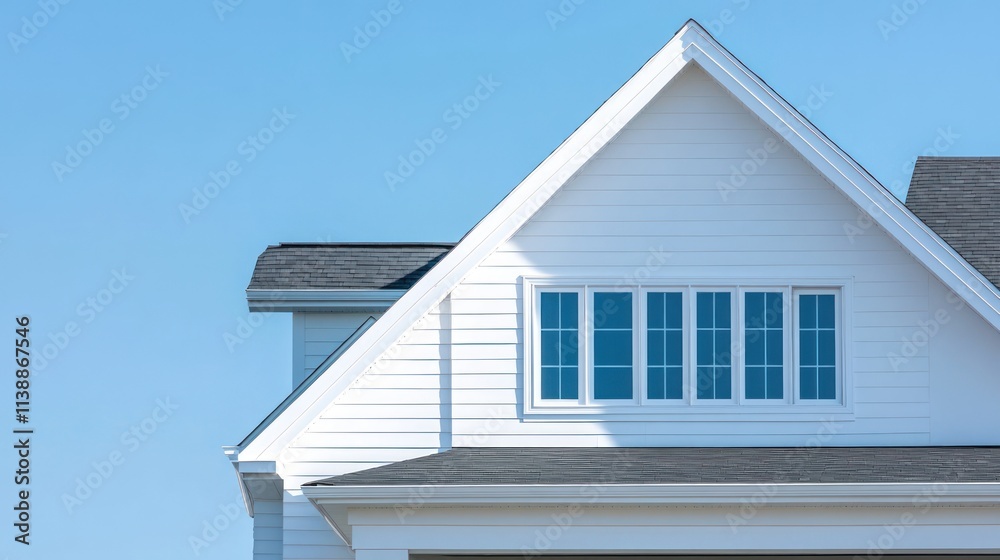Modern White House Gable Roof with Dormers under Blue Sky Modern White House Gable Roof with Dormers under Blue Sky