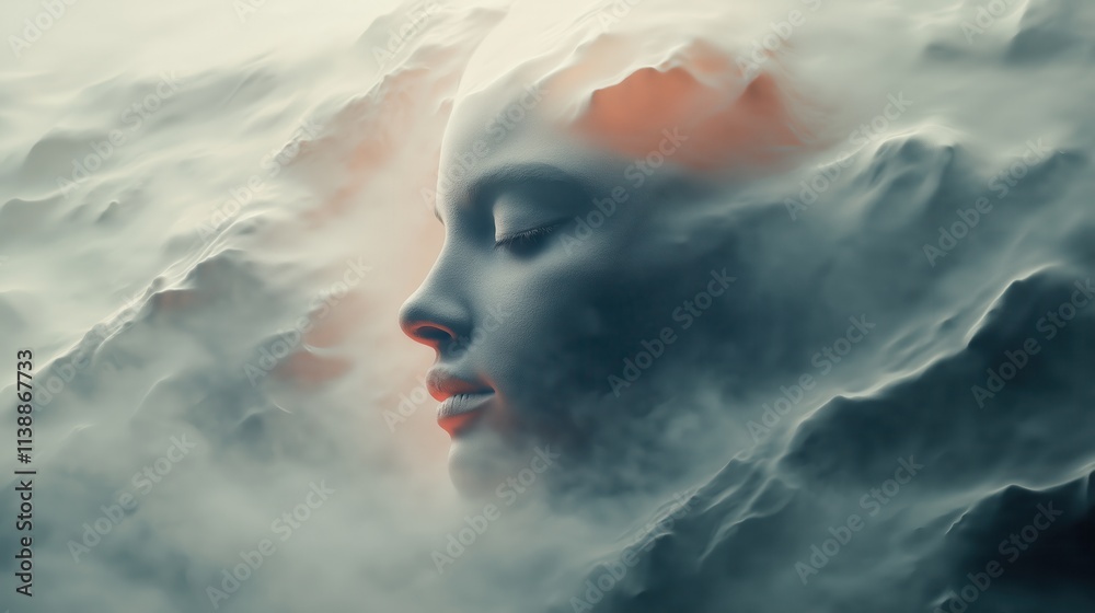 Surreal portrait of woman's face blending with misty mountains and clouds at sunset, evoking ethereal and dreamlike atmosphere in nature-inspired landscape Surreal portrait of woman's face blending with misty mountains and clouds at sunset, evoking ethereal and dreamlike atmosphere in nature-inspired landscape