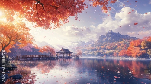 A serene watercolor autumn landscape featuring a bridge