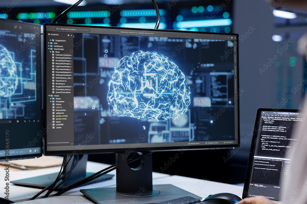 Fototapeta premium Software developer working in data center with artificial intelligence technology to process massive datasets, close up. IT professional in server hub storing data used for deep learning
