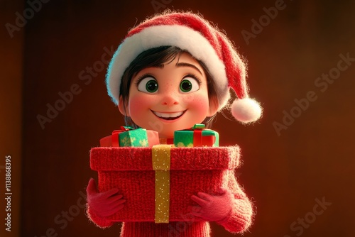 Joyful christmas season season digital sculpture. Delight young woman in a red santa cap with huge parcel in hands. Santa claus portrait. Adult merry fun. Young santa party. Gift box open.