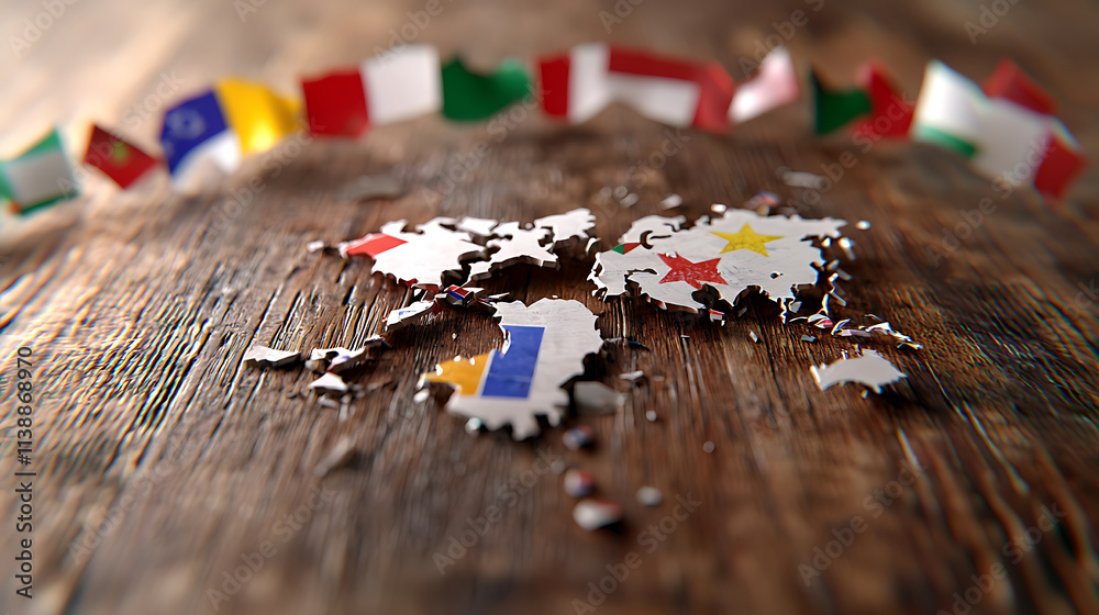 torn world map with international flags symbolizes global trade agreements torn world map with international flags symbolizes global trade agreements