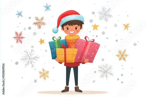 Cheerful noel 3d art. Elation young man in a red christmas cap with huge wrapped box in hands. Adult santa magic. Adult holiday spirit. Merry christmas animation. Santa claus magic.