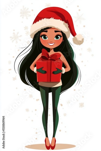 Lively getaway season digital sculpture. Elation young woman in a red christmas cap with huge present box in hands. Adult santa greeting. Gift box christmas. Hat and beard. Young holiday f.