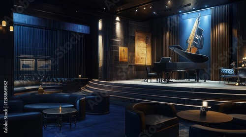 Luxurious dark lounge with grand piano on stage.